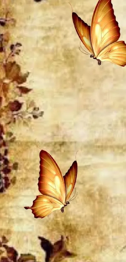 Elegant butterfly art wallpaper with floral patterns in warm earth tones.