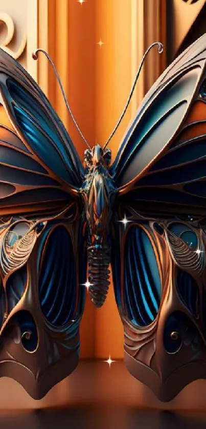 Elegant digital butterfly art wallpaper with intricate copper patterns.