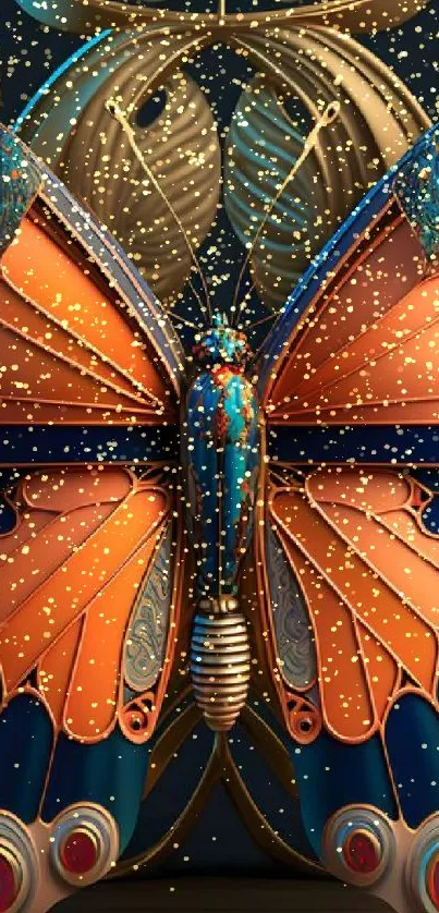 Vibrant blue and orange butterfly on an artistic background.