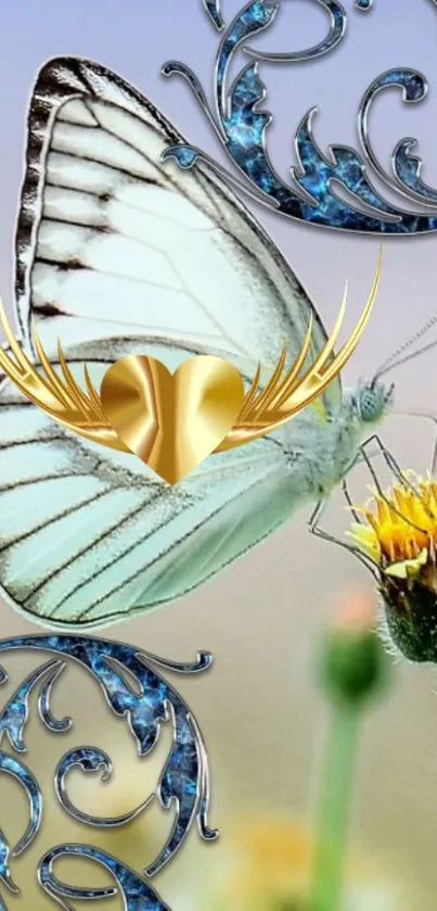 White butterfly with golden heart and blue patterns on a flower.