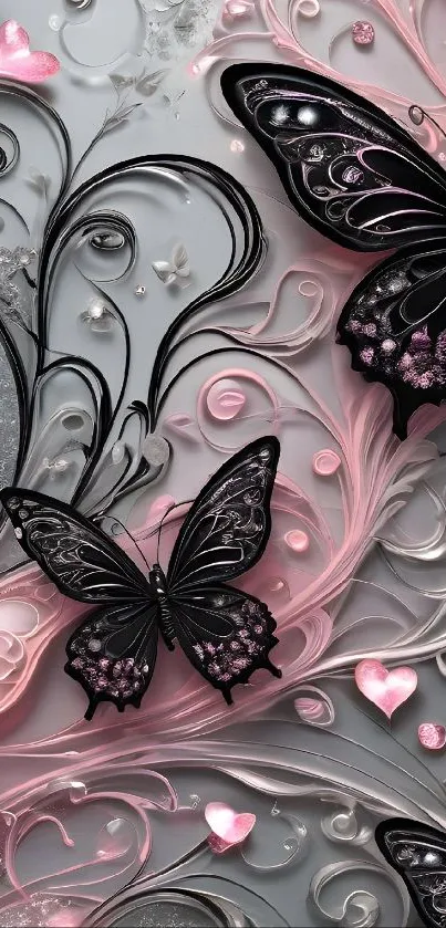 Intricate butterfly design with pink and gray swirls in a decorative pattern.