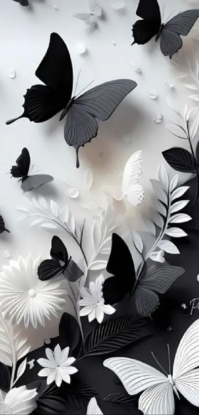 Intricate black and white butterfly wallpaper with floral elements.