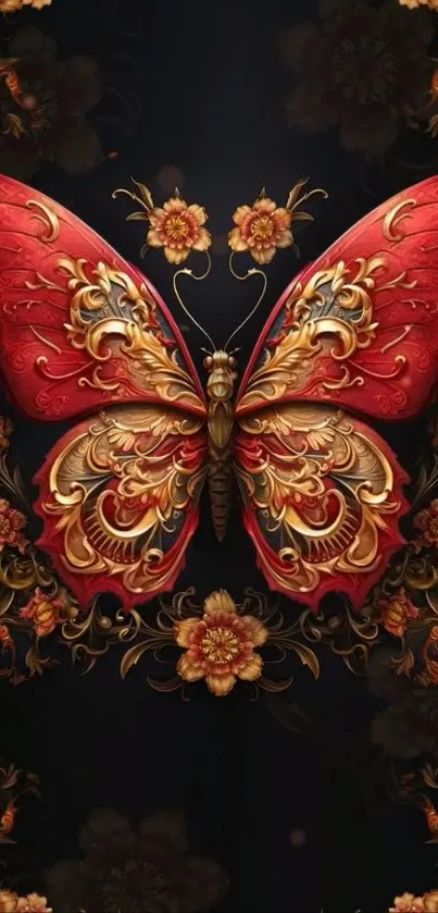 Elegant red and gold butterfly art on a floral background.