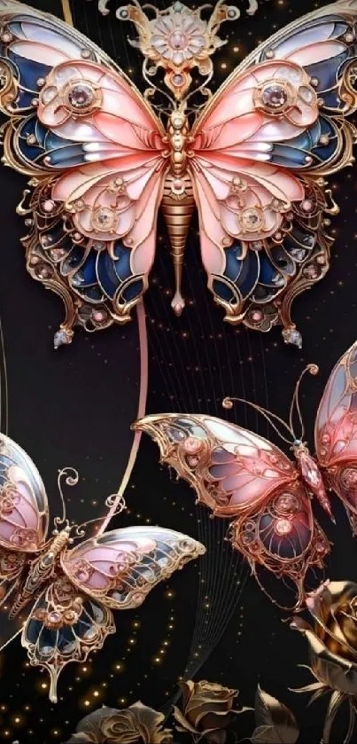 Intricate metallic butterfly art on black wallpaper.