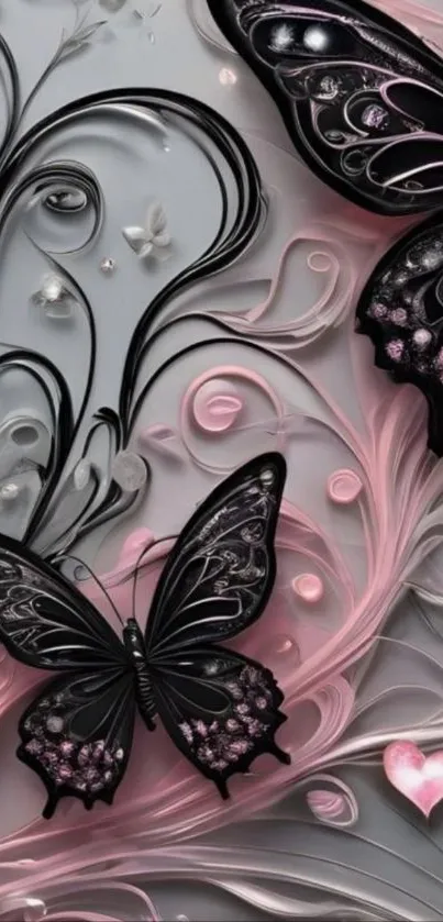 Elegant wallpaper with black butterflies on pink background.