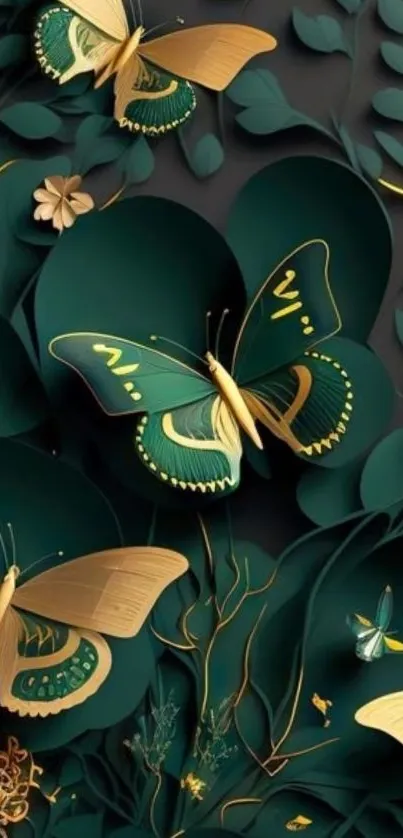 Elegant butterfly art wallpaper in dark green and gold tones.