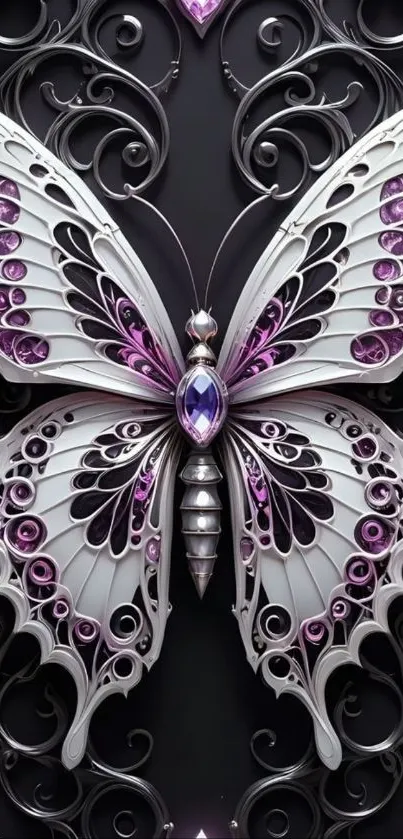 Intricate metallic butterfly with purple jewels.