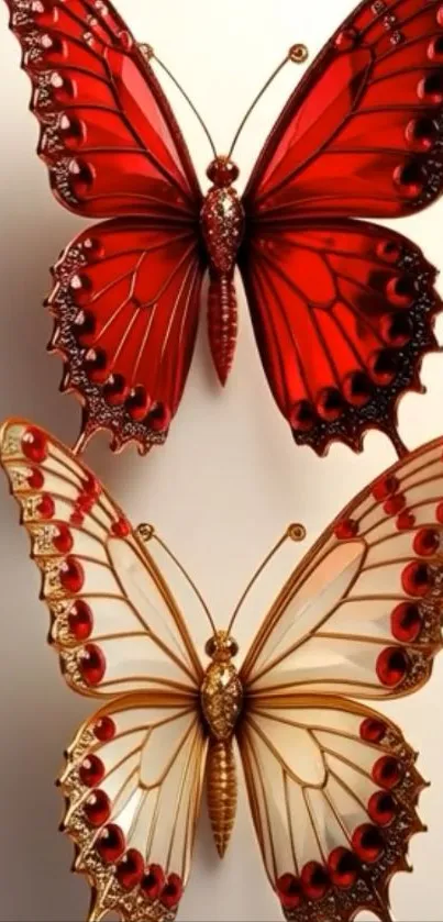 Red and gold butterflies with intricate designs on a mobile wallpaper.