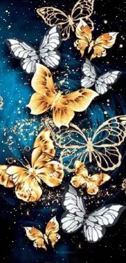 Elegant wallpaper with golden butterflies on a dark background.