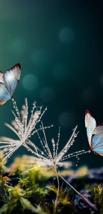 Elegant blue butterflies on dandelion seeds with a dark green background.