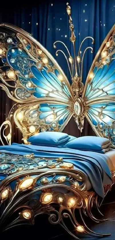 Elegant bedroom with a butterfly-themed bed and golden accents.