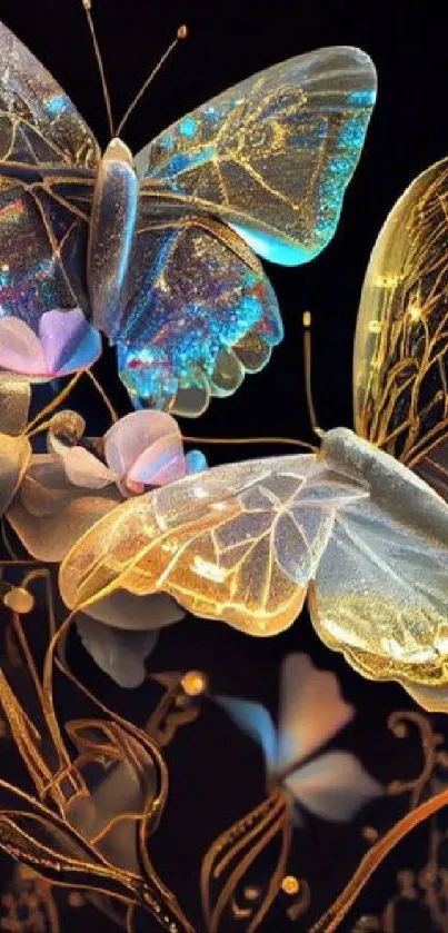 Elegant glowing butterflies and flowers art wallpaper.