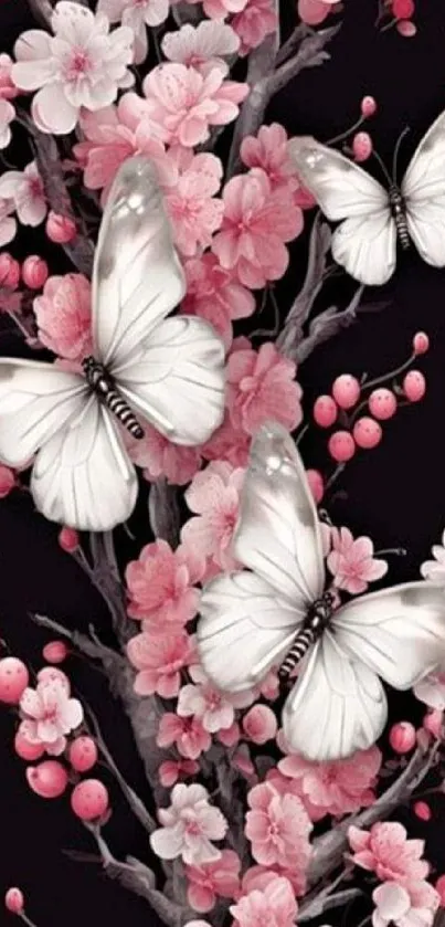 White butterflies and pink flowers on black background.