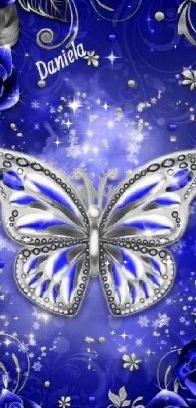 Elegant butterfly and blue roses wallpaper with silver details.