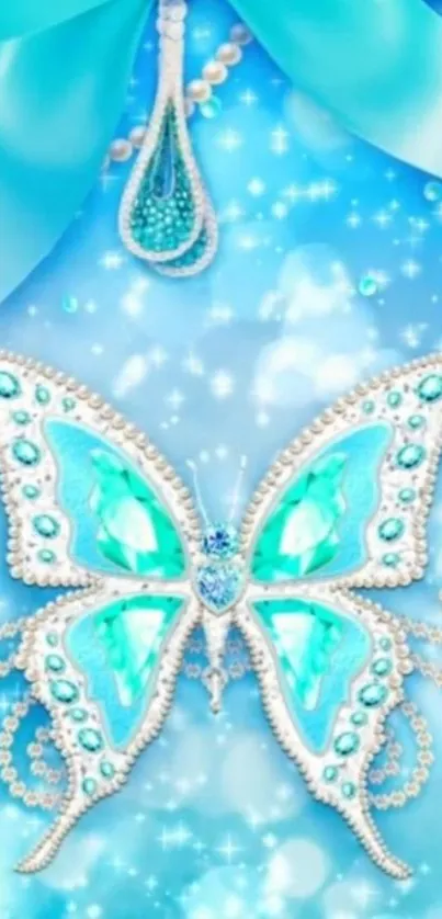 Elegant butterfly with blue gems on a sparkling background.