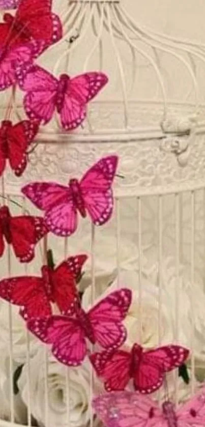 Pink butterflies decorate a white cage in an elegant design.