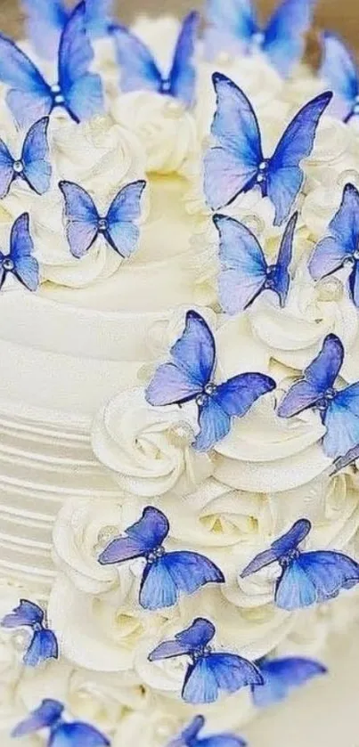 Beautiful white cake with blue butterflies for wallpaper.