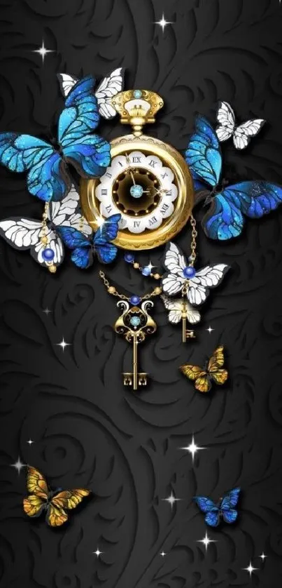 Elegant clock with blue butterflies on black background.