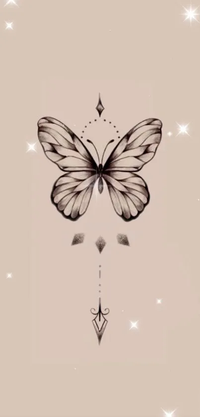 Elegant butterfly design on beige background with star accents.