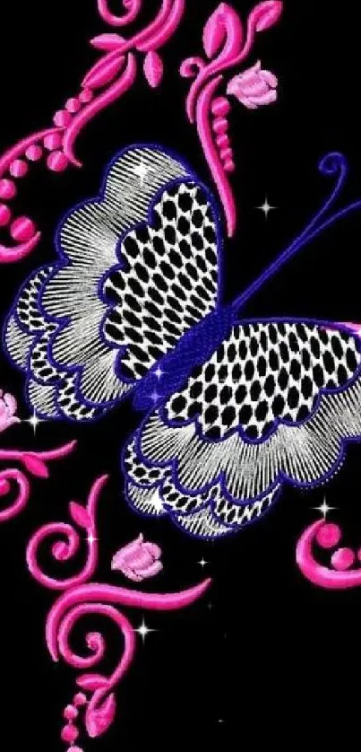 Elegant butterfly and floral design on a black background.