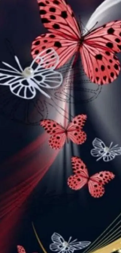 Elegant red and black butterfly wallpaper with golden accents.