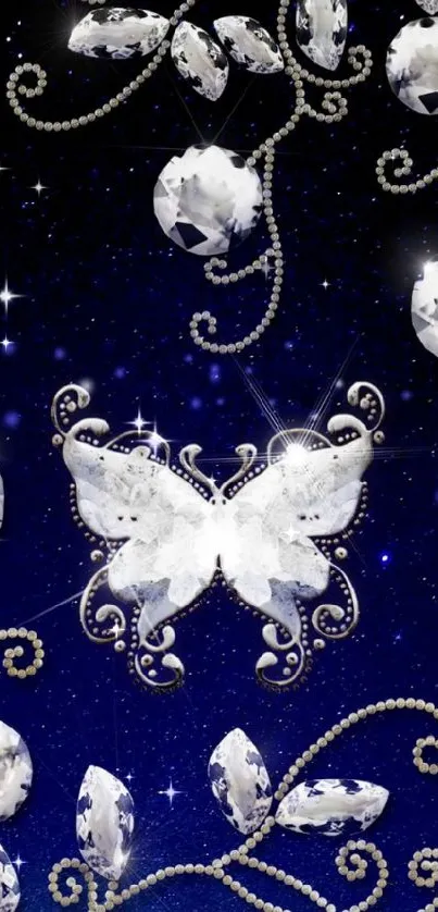 Elegant butterfly with diamonds on a dark blue background.