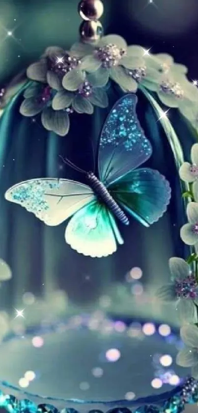 Elegant mobile wallpaper with a blue butterfly in a flowered glass orb.