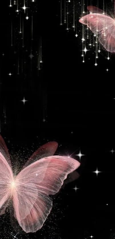 Dreamy pink butterflies with sparkling stars on a black background.