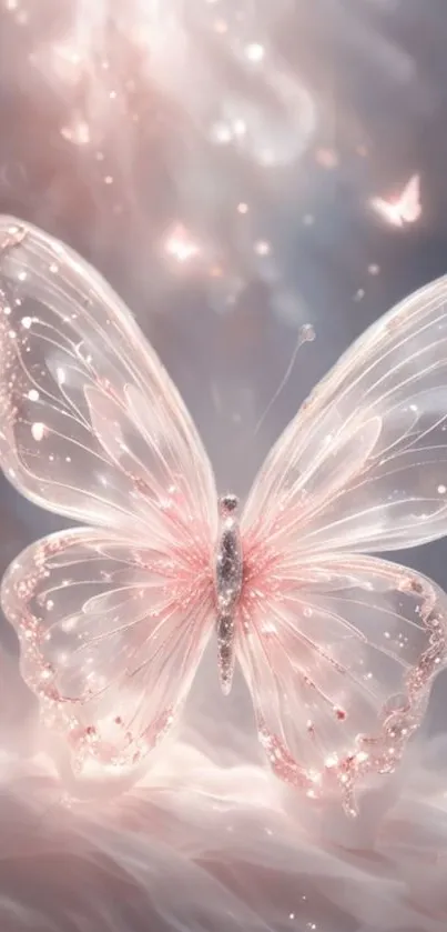 Shimmering butterfly with pastel hues in an ethereal dreamscape.