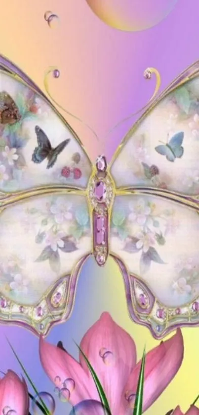 Elegant butterfly with flowers on a pastel backdrop.