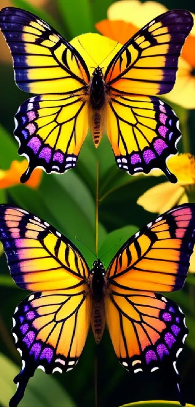 Two vibrant butterflies on green leaves with orange flowers.