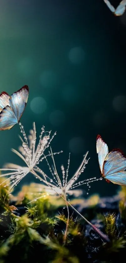 Butterflies perched on dewy dandelions with a green bokeh background.