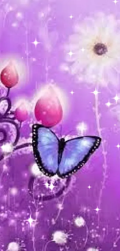 Purple fantasy wallpaper with butterfly and flowers.