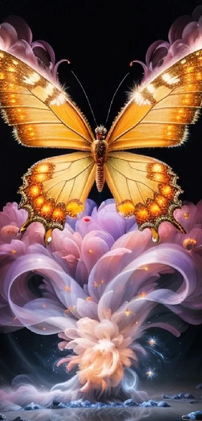 Golden butterfly with purple floral fantasy background.