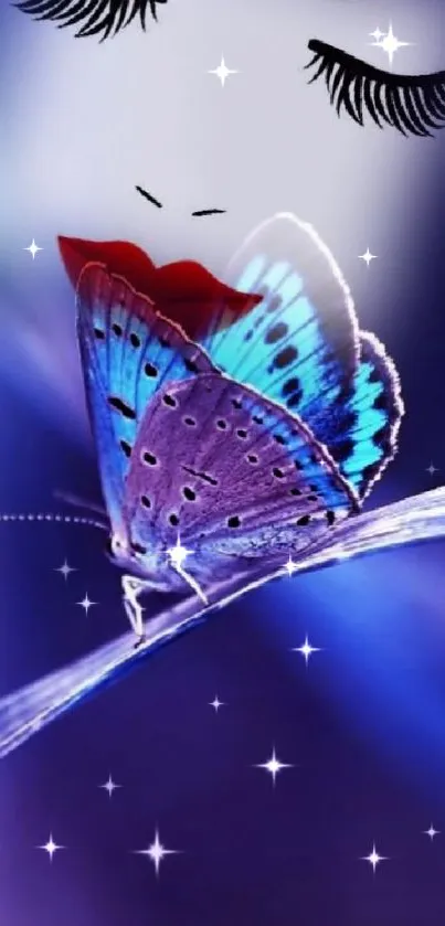 Blue butterfly on dreamy purple background with whimsical stars.