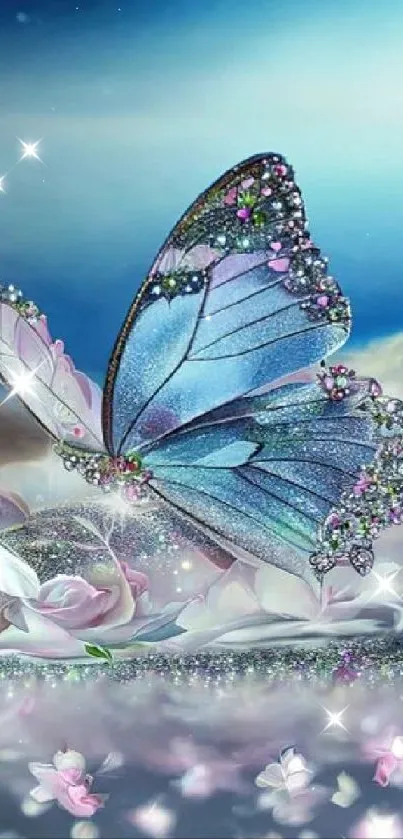 Shimmering butterfly with gemstones in a dreamy fantasy landscape.