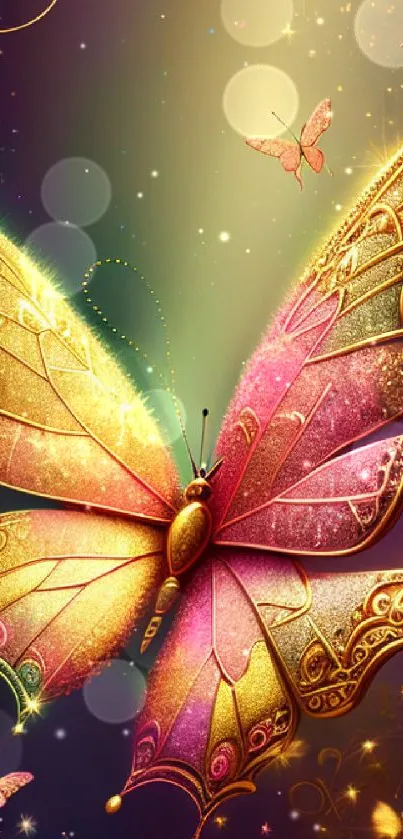 Vibrant butterfly fantasy art wallpaper with gold and pink hues.