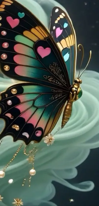 Colorful ornate butterfly in fantasy setting wallpaper.