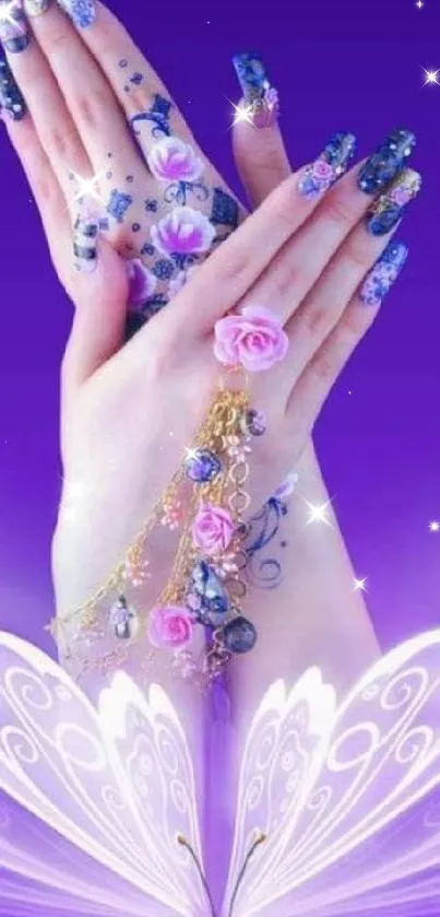 Elegant hands with floral nails in purple butterfly design.