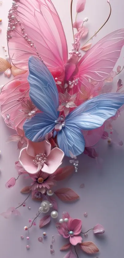 Pink and blue butterfly with floral elements, perfect for mobile wallpaper.