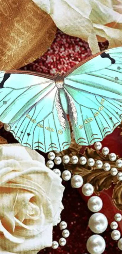 Turquoise butterfly with roses and pearls on a rich floral background.