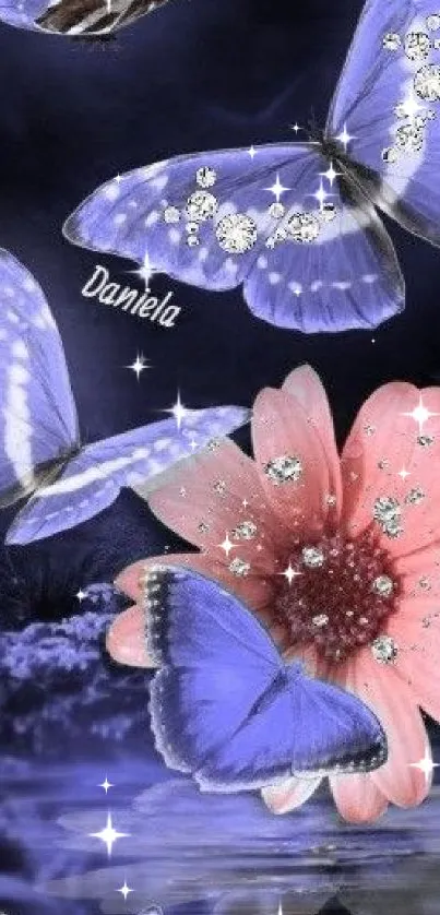 Purple butterflies and pink flower on dark background.