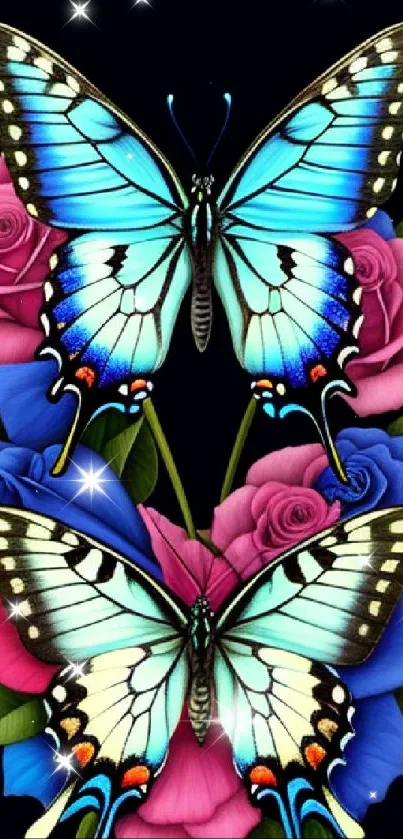 Blue butterflies with pink and blue roses create an elegant mobile wallpaper design.