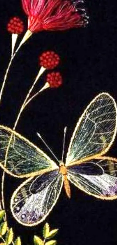 Embroidered butterfly on black background with red flowers for phone wallpaper.