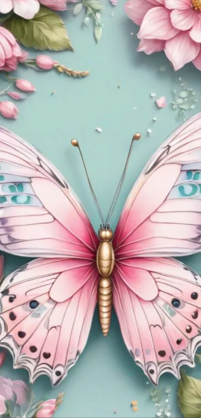 Elegant butterfly with pink flowers on phone wallpaper.