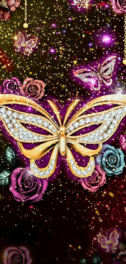 Golden butterfly with floral accents on a luxurious phone wallpaper.