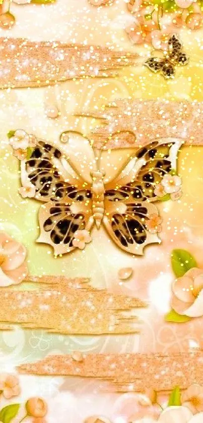 Elegant butterfly with peach flowers wallpaper design.