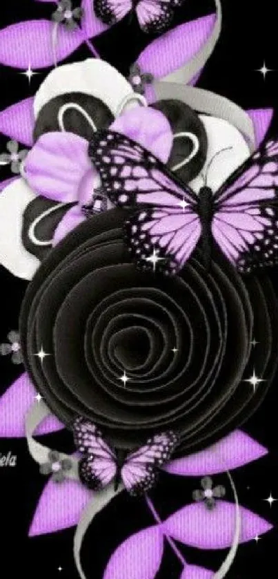 Black floral wallpaper with purple butterflies and petals.