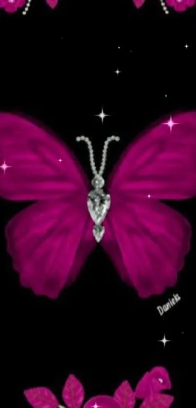 Pink butterfly and flowers on black background wallpaper.