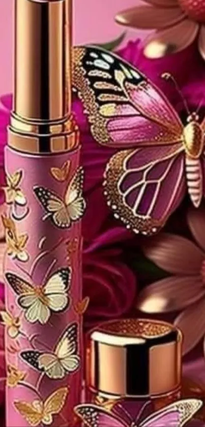 Elegant floral wallpaper with butterflies in pink hues.